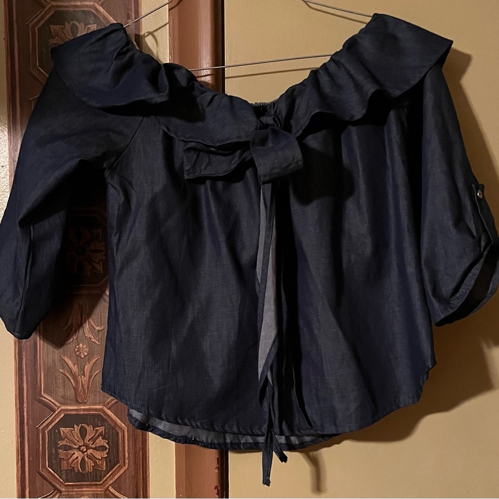 A’gaci - Chambray Tie Off the Shoulder Top
